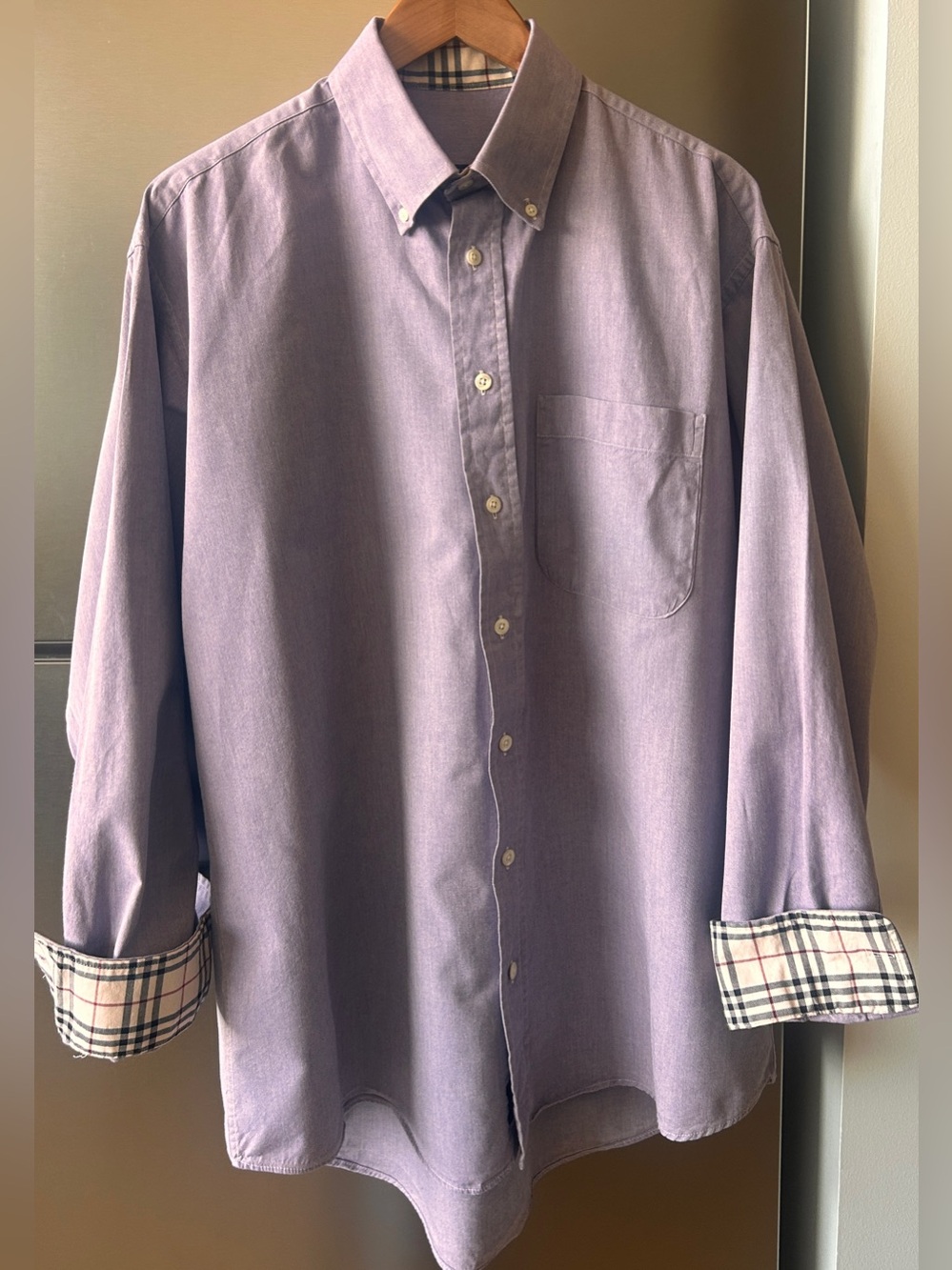 Burberry London Lilac Button Down Shirt Mens Large Made USA Nova Check Cotton